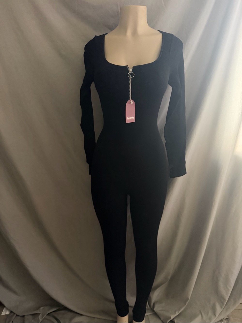 Sleek Black Zip-Front Ribbed Long-Sleeve Jumpsuit